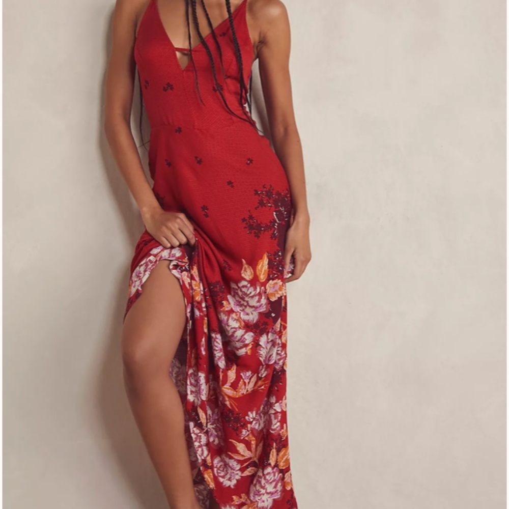 Free People Red Floral Maxi Slip Dress
